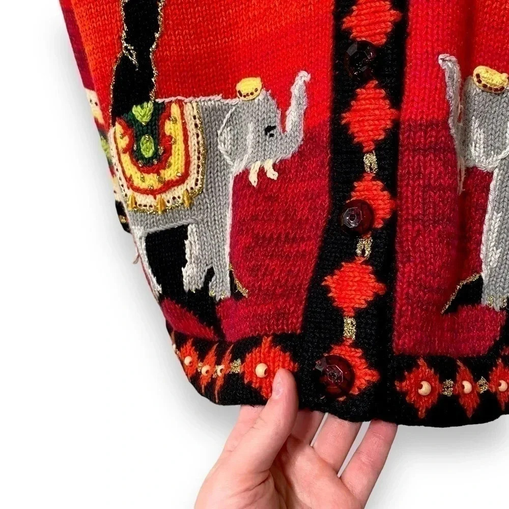 Vintage Handknit Elephants in the African Serengeti Desert Cardigan Sweater M - Picture 5 of 10